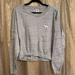 PINK Victorias Secret Heather Gray Cropped Tropical Logo Long Sleeve Top Large